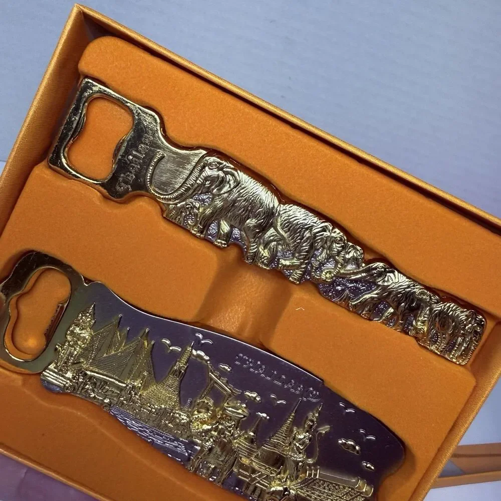 Thailand Gold & Silver Tone Metal 2 Piece Bottle Opener Gift Set City & Elephant